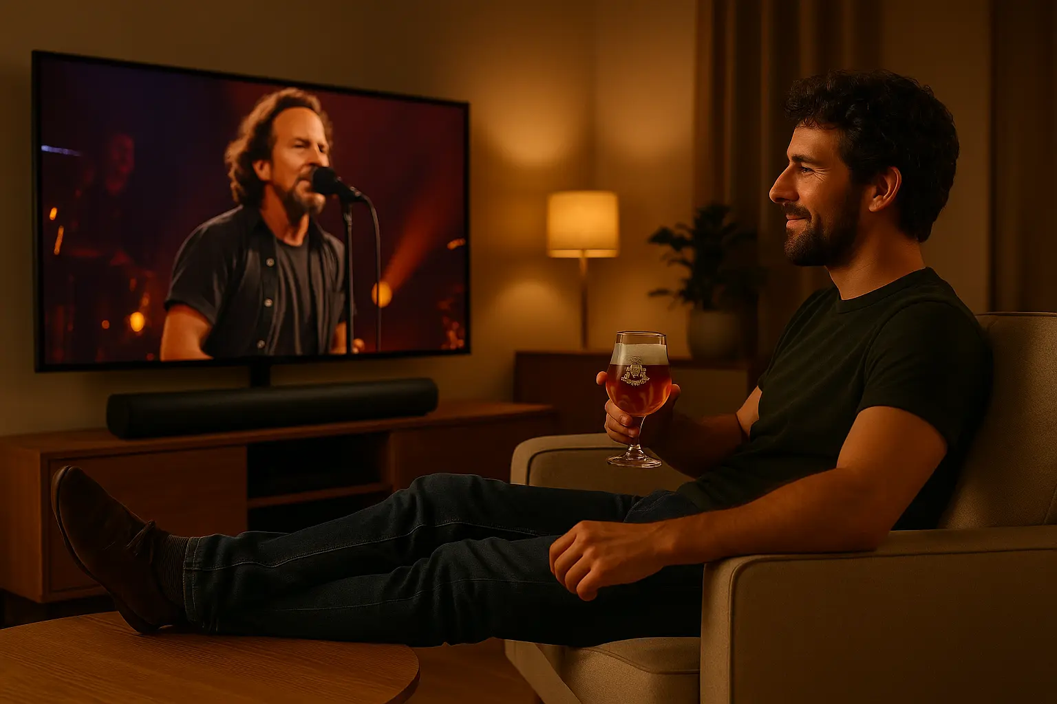 Man luistert Pearl Jam met biertje