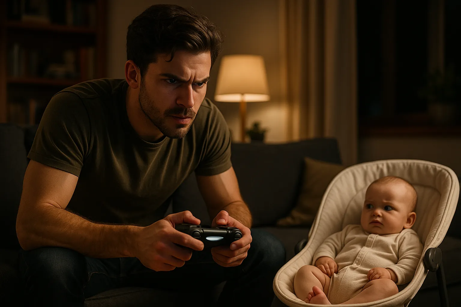 man met baby aan het gamen