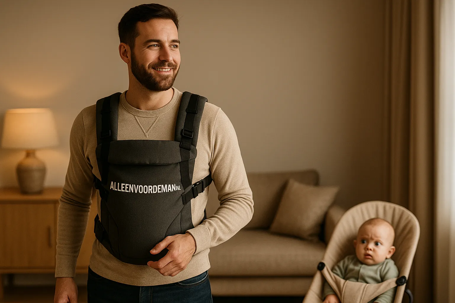 man vergeet baby in draagzak