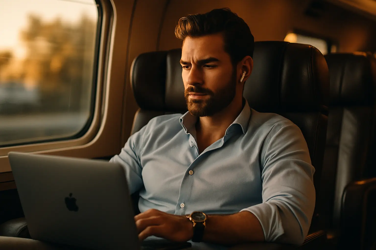 Man met draadloze oordopjes in trein