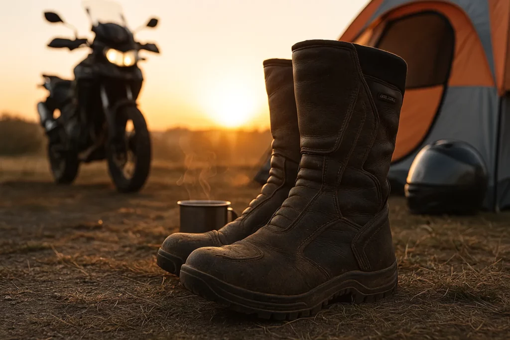 Motorlaarzen uitgedaan op het gras