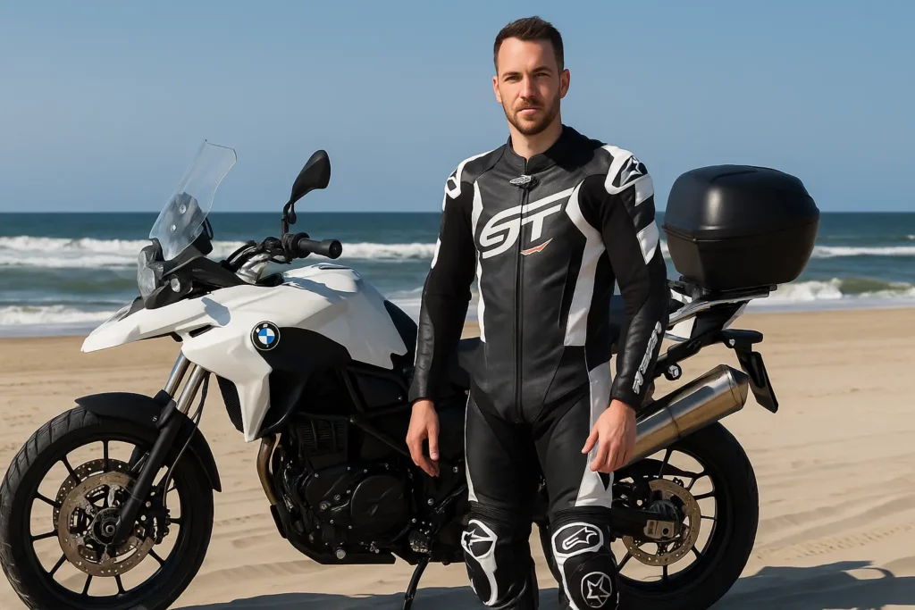 Man in motorkleding naast BMW motor