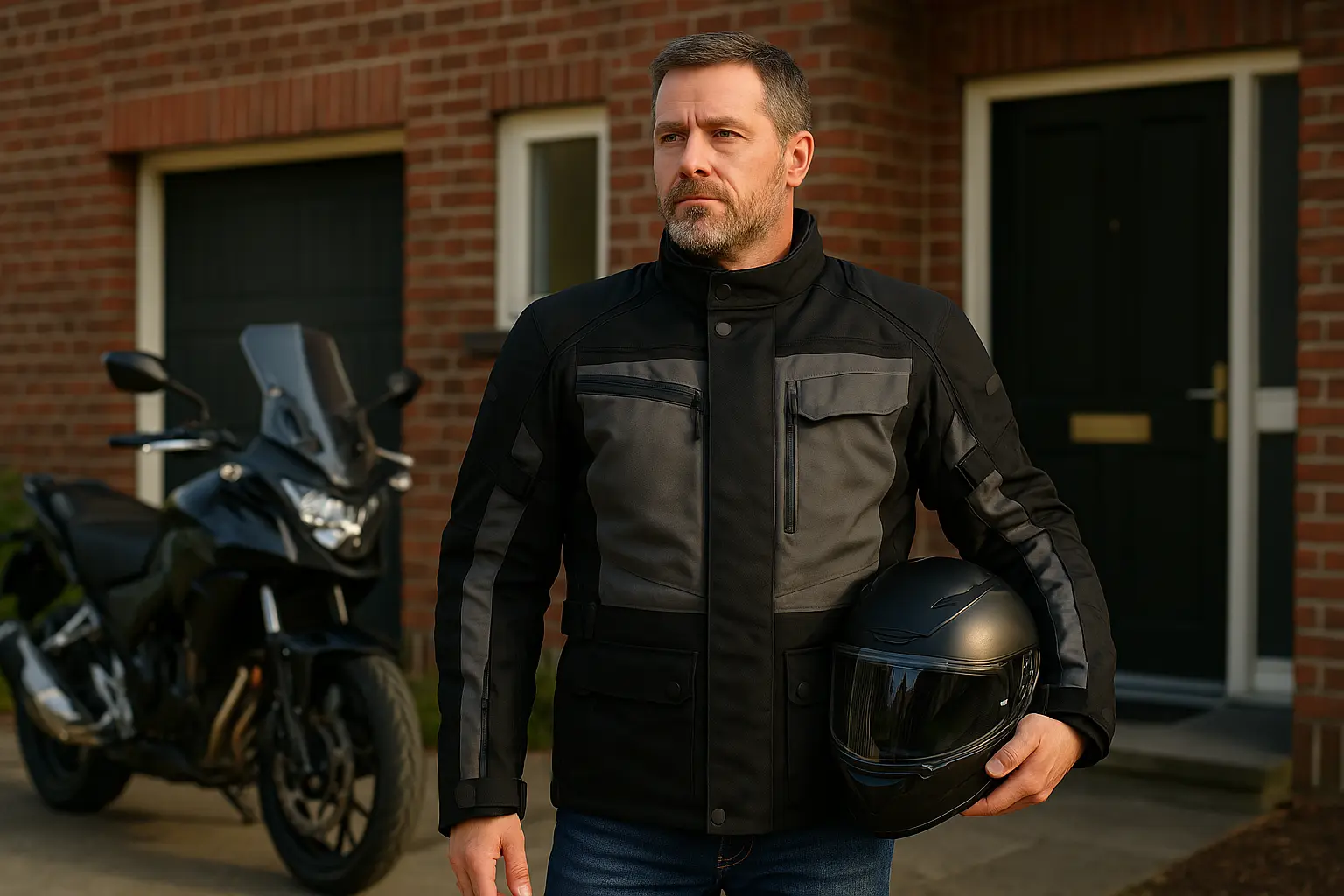 Man met motorjas doet helm af