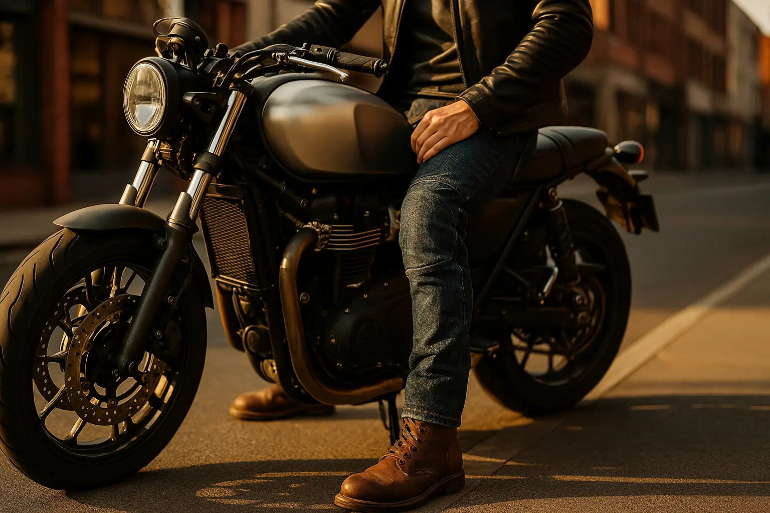 Man met motorjeans op motor